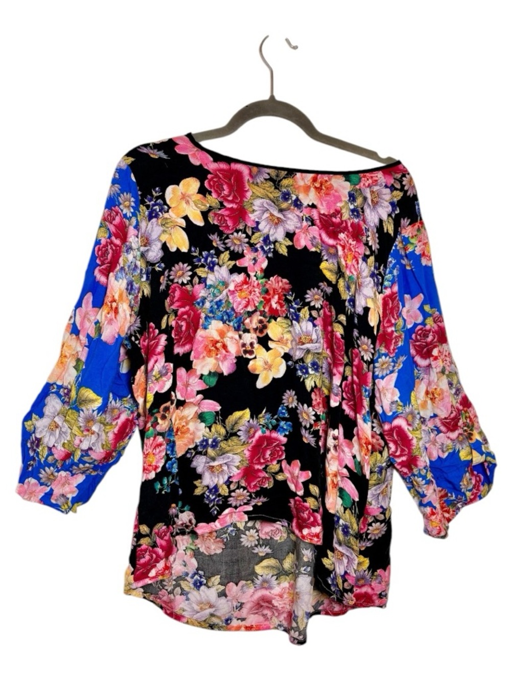 Calessa Floral High Low Blouse Blue Black Boho Artwear Statement XL - Picture 2 of 6